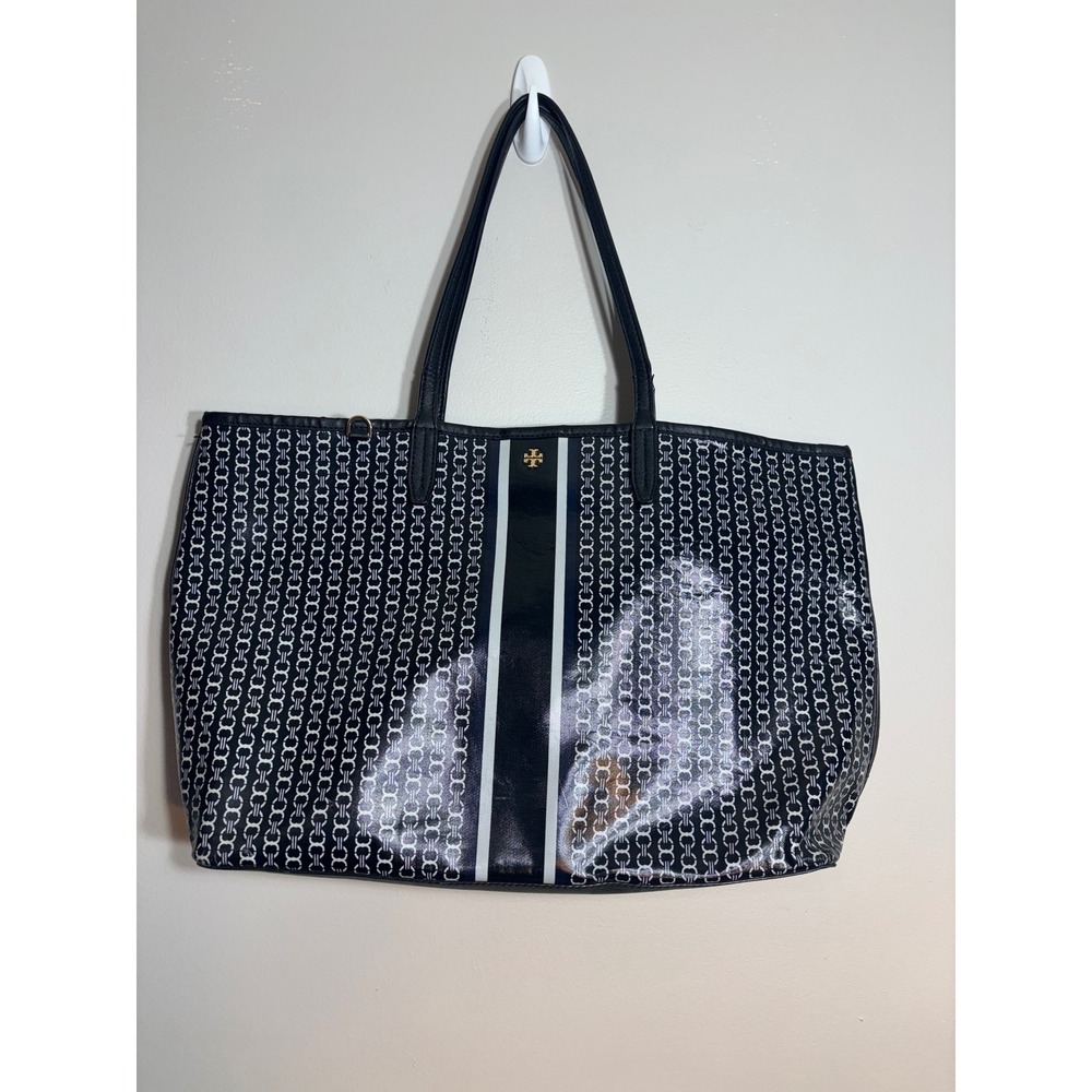 Tory Burch Gemini Link Tote Bag Black White Coated Canvas Large Shoulder Bag